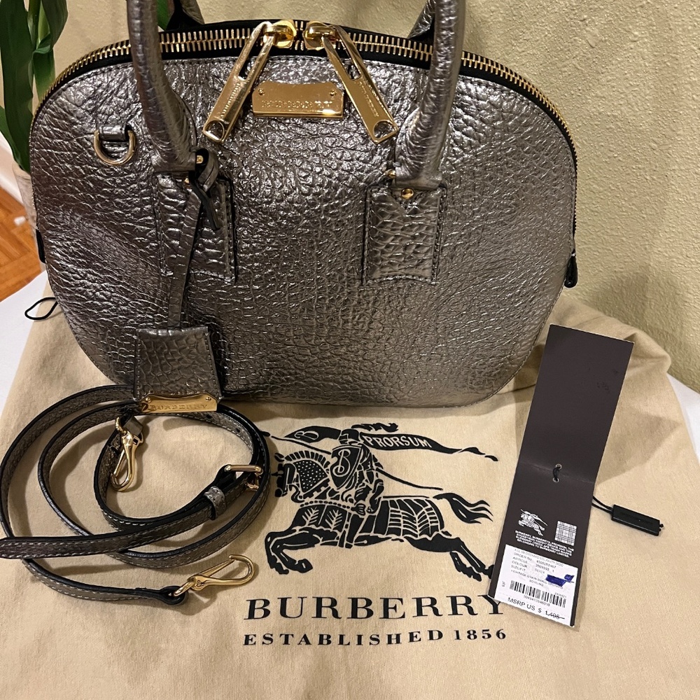 BURBERRY Heritage Grain Small Orchard Bowling Handbag Silver EUC - Picture 3 of 16